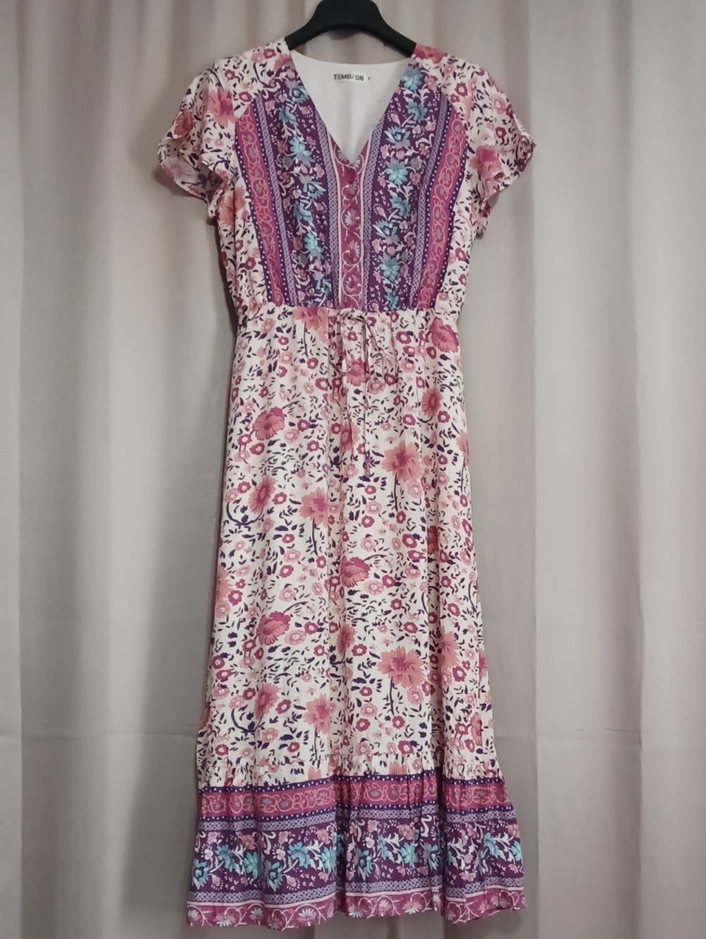 Boho Floral Midi Dress Short Flutter Sleeves Elastic Waist Tiered Ruffle Skirt